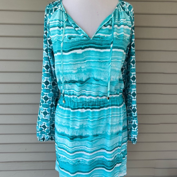 Michael Kors Turquoise Blue Watercolor Geometric Long Sleeve Dress - Picture 2 of 6